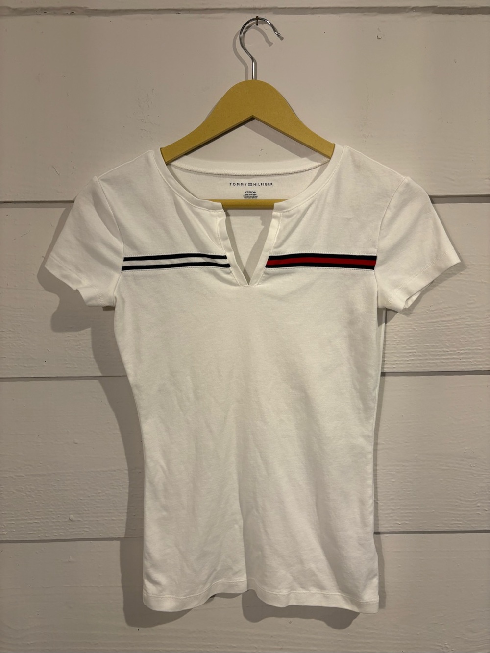 Tommy Hilfiger XS White Split Neck T-Shirt Flag Stripe Short Sleeve Preppy
